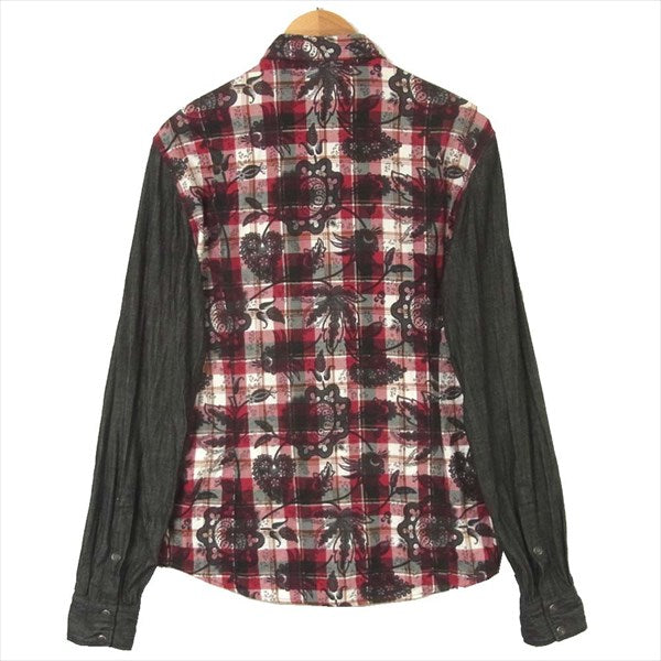 Just Cavalli ジャストカヴァリ S01DL0076-N36988 デニム切替 レザーポケット ペイズリー チェック 長袖シャツ レッド系 48【中古】