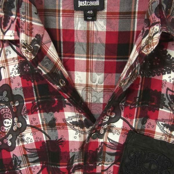 Just Cavalli ジャストカヴァリ S01DL0076-N36988 デニム切替 レザーポケット ペイズリー チェック 長袖シャツ レッド系 48【中古】