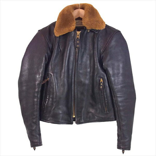 STANDARD MOTORCYCLE LEATHERS スタンダードモーターサイクルレザーズ GENUINE COWHIDE 牛革 カウハイド ファー付き シングル ライダース ジャケット 黒系 S【中古】