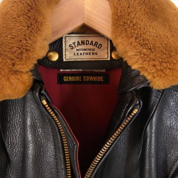 STANDARD MOTORCYCLE LEATHERS スタンダードモーターサイクルレザーズ GENUINE COWHIDE 牛革 カウハイド ファー付き シングル ライダース ジャケット 黒系 S【中古】