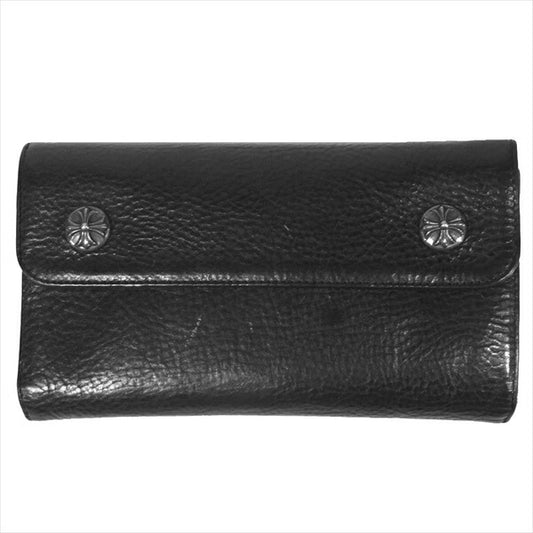 CHROME HEARTS クロムハーツ（原本有） 国内正規店原本付属 WAVE CROSS BTN クロスボタン レザー ウェーブ ウォレット 財布 ブラック系【中古】