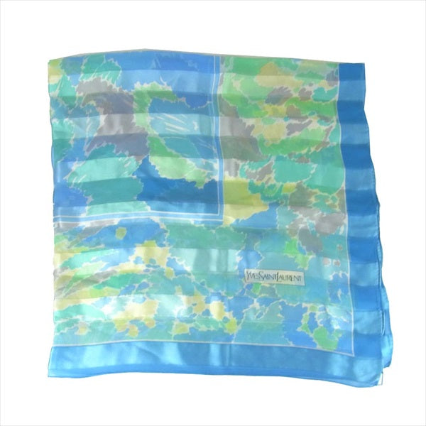 YVES SAINT LAURENT イヴサンローラン シルク ストール スカーフ ロゴ 薄手 ブルー系【中古】