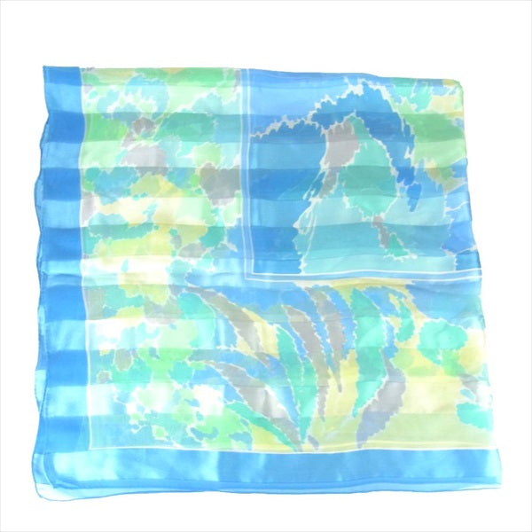 YVES SAINT LAURENT イヴサンローラン シルク ストール スカーフ ロゴ 薄手 ブルー系【中古】