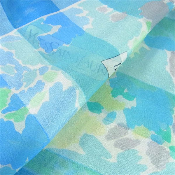 YVES SAINT LAURENT イヴサンローラン シルク ストール スカーフ ロゴ 薄手 ブルー系【中古】