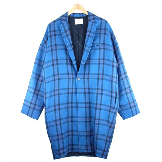 NEON SIGN ネオンサイン 15AW Elliot Maxi Coat 358 メルトン エリオット タータン チェック ワイド チェスター コート 青系 1【美品】【中古】
