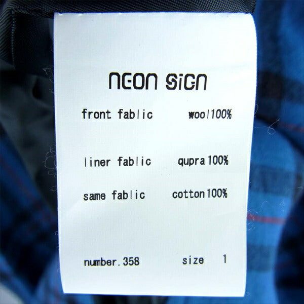 NEON SIGN ネオンサイン 15AW Elliot Maxi Coat 358 メルトン エリオット タータン チェック ワイド チェスター コート 青系 1【美品】【中古】