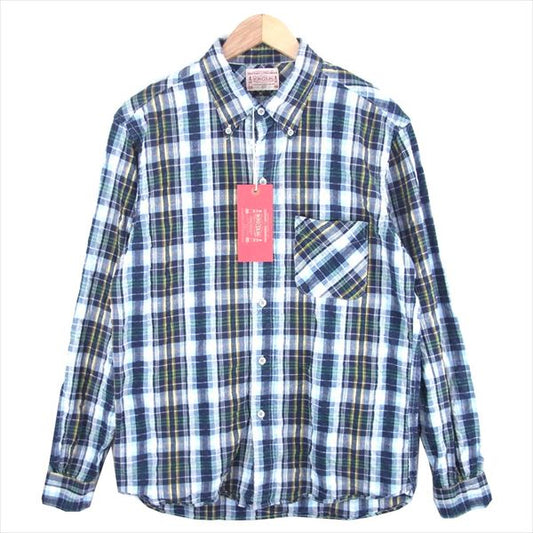 BONCOURA ボンクラ チェック BD ボタンダウン 長袖 コットン リネン 長袖シャツ ネイビー系 40【極上美品】【中古】