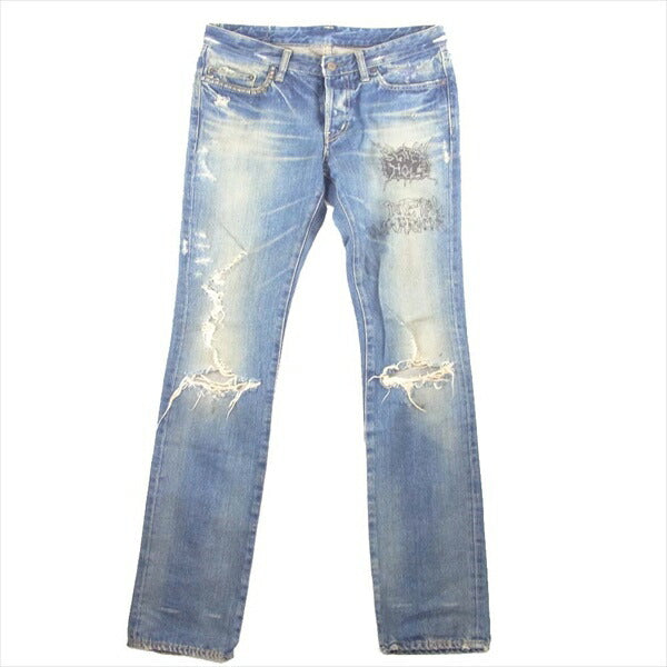 HYSTERIC GLAMOUR ヒステリックグラマー 4AP-1802 METAL WARRIOR メタルウォリアー クラッシュ加工 プリント デニム パンツ インディゴブルー系 32【中古】