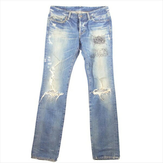 HYSTERIC GLAMOUR ヒステリックグラマー 4AP-1802 METAL WARRIOR メタルウォリアー クラッシュ加工 プリント デニム パンツ インディゴブルー系 32【中古】