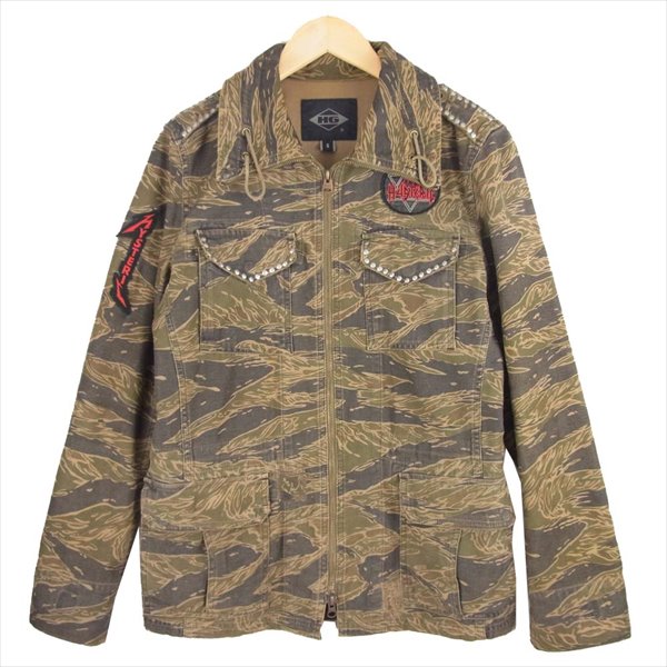 HYSTERIC GLAMOUR ヒステリックグラマー 4AB-1181 タイガーカモ スタッズ ワッペン バンドロゴ ジップアップ ジャケット カーキ(オリーブグリーン)系 S【中古】