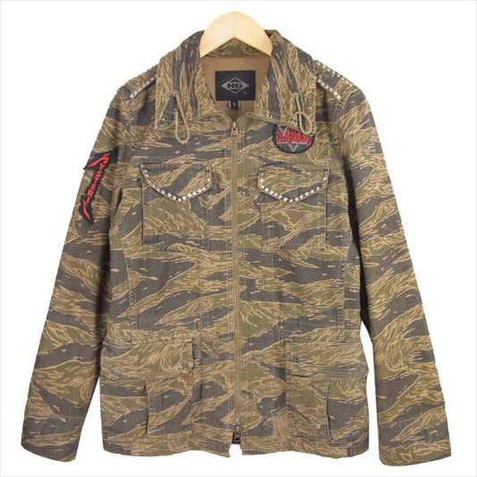 HYSTERIC GLAMOUR ヒステリックグラマー 4AB-1181 タイガーカモ スタッズ ワッペン バンドロゴ ジップアップ ジャケット カーキ(オリーブグリーン)系 S【中古】