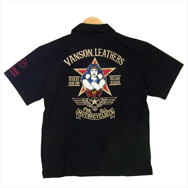 VANSON バンソン × DC COMICS DCV-807 ワンダーウーマン 刺繍 半袖 ポロシャツ 黒系 XL【新古品】【未使用】【中古】