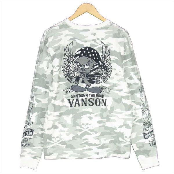 VANSON バンソン トゥイーティー 刺繍 カモ柄 スカル 長袖 ロンT カットソー ホワイト系 XL【美品】【中古】