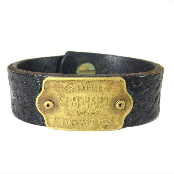 GLADHAND & Co. グラッドハンド ブラス 真鍮 プレートロゴ エンボスレザー ブレスレット ブラック系【中古】