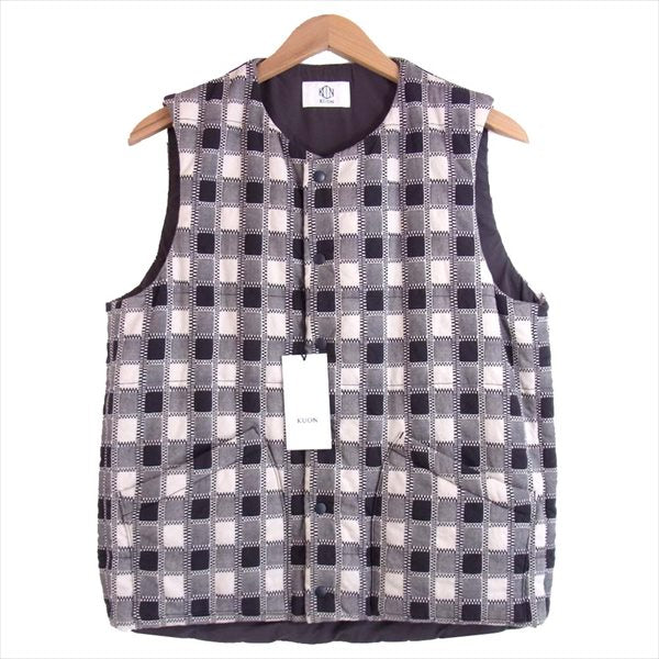 クオン 1802V01 VEST 吉野格子 中綿 総柄 コットン ベスト ジレ 黒×白 M【美品】【中古】