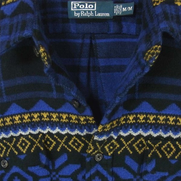 POLO RALPH LAUREN ポロ・ラルフローレン ヘビーネル ノルディック総柄 チェック 長袖シャツ ブルー系 M【中古】