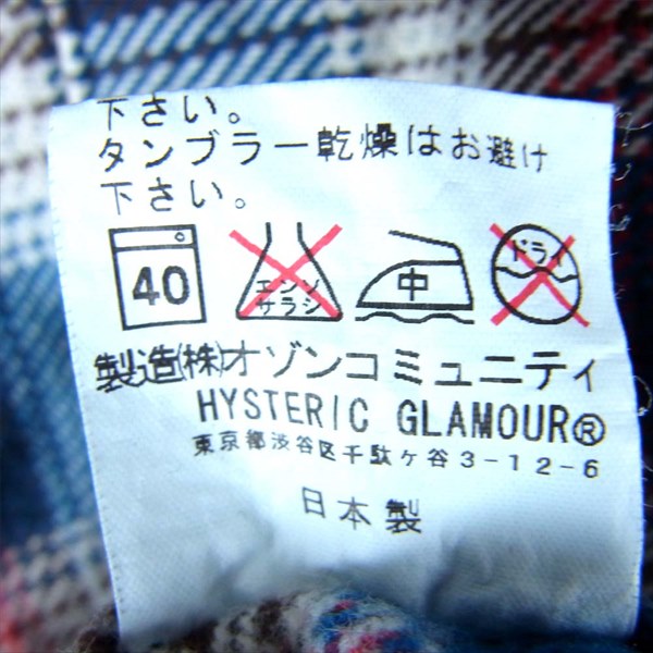 HYSTERIC GLAMOUR ヒステリックグラマー 0104AH01 ネルチェック ジップ パーカー レディース パーカー ブルー系 FREE【中古】