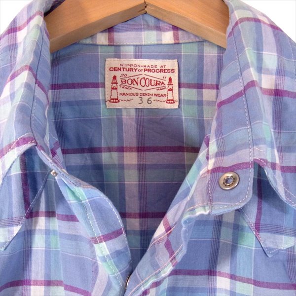 BONCOURA ボンクラ ウエスタン チェック メンズ 日本製 コットン 長袖シャツ 水色系 36【中古】