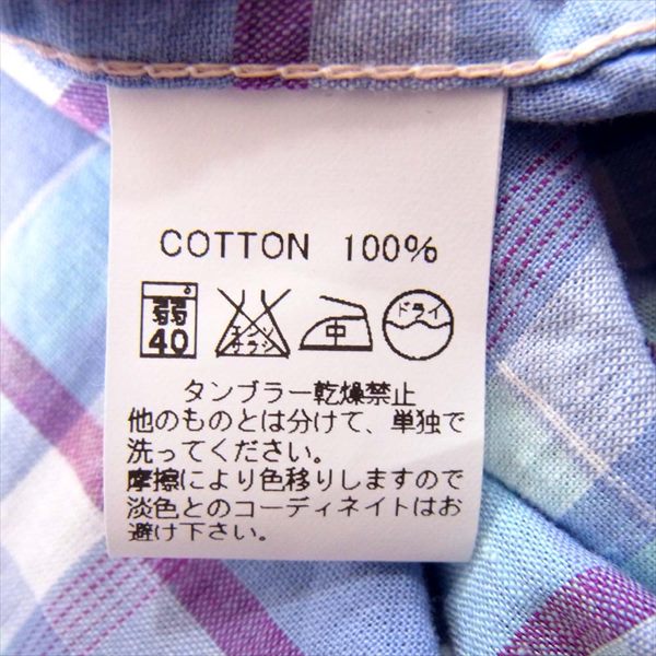 BONCOURA ボンクラ ウエスタン チェック メンズ 日本製 コットン 長袖シャツ 水色系 36【中古】