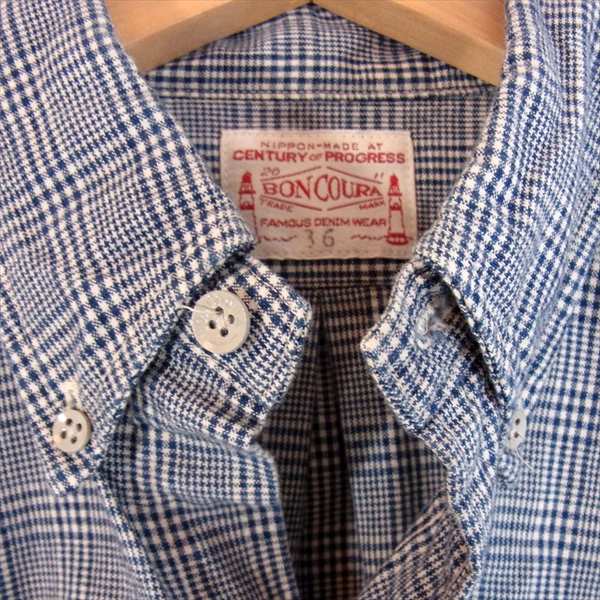 BONCOURA ボンクラ ボタンダウン チェック コットン メンズ 日本製 長袖シャツ 紺×白 36【中古】