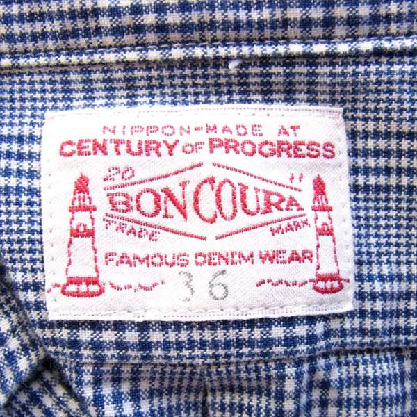 BONCOURA ボンクラ ボタンダウン チェック コットン メンズ 日本製 長袖シャツ 紺×白 36【中古】