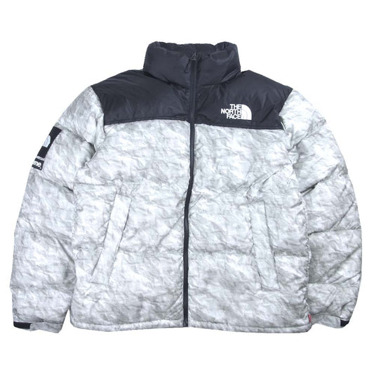 Supreme シュプリーム 19AW ND91806I 国内正規品 THE NORTH FACE ノースフェイス Paper Print Nuptse Jacket ペーパープリント ヌプシ ダウン ジャケット グレー系 ブラック系 L【美品】【中古】