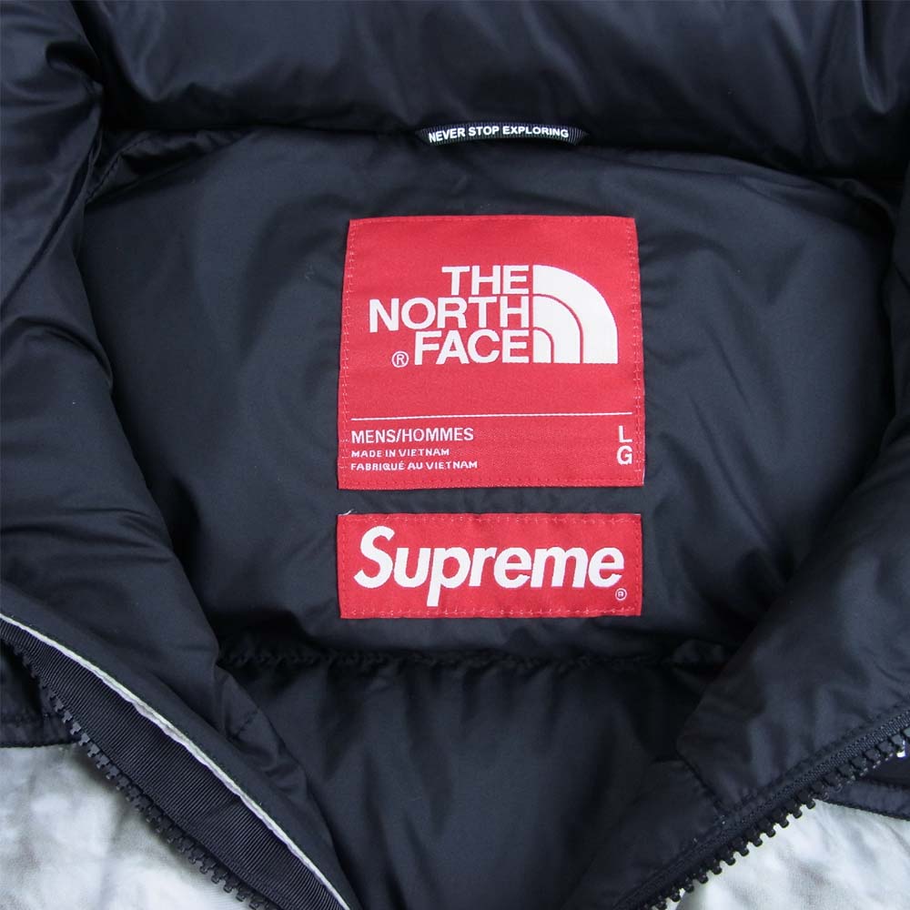Supreme シュプリーム 19AW ND91806I 国内正規品 THE NORTH FACE ノースフェイス Paper Print Nuptse Jacket ペーパープリント ヌプシ ダウン ジャケット グレー系 ブラック系 L【美品】【中古】