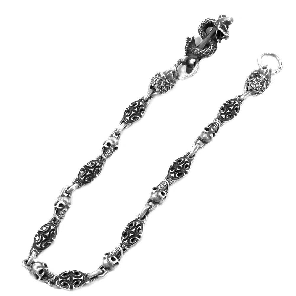 GABOR ガボール 国内正規店ギャランティ付属 スネークキーパー 2ライオンヘッド スカルプテッド スカルリンク ウォレットチェーン シルバー系【中古】