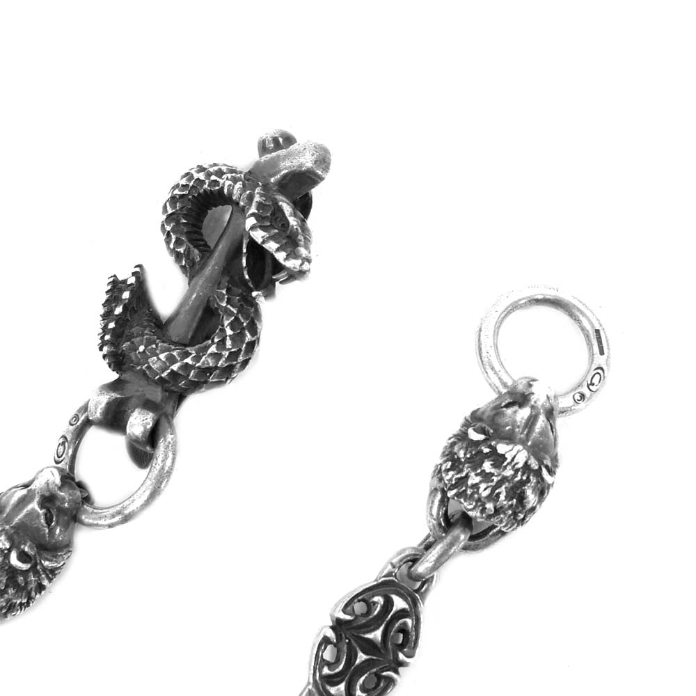 GABOR ガボール 国内正規店ギャランティ付属 スネークキーパー 2ライオンヘッド スカルプテッド スカルリンク ウォレットチェーン シルバー系【中古】