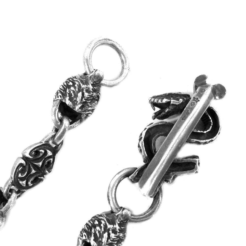 GABOR ガボール 国内正規店ギャランティ付属 スネークキーパー 2ライオンヘッド スカルプテッド スカルリンク ウォレットチェーン シルバー系【中古】