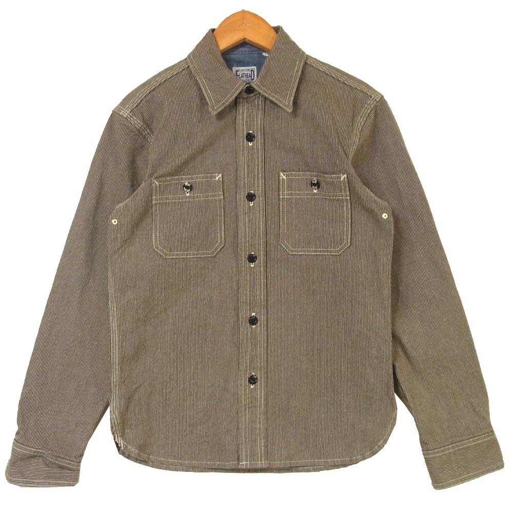 フラッドヘッド ピンヒッコリー 長袖 コットン シャツ 日本製 カーキ系 34【美品】【中古】