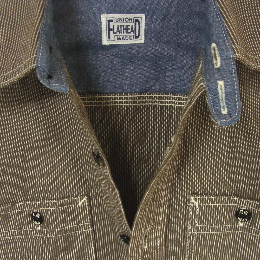 フラッドヘッド ピンヒッコリー 長袖 コットン シャツ 日本製 カーキ系 34【美品】【中古】