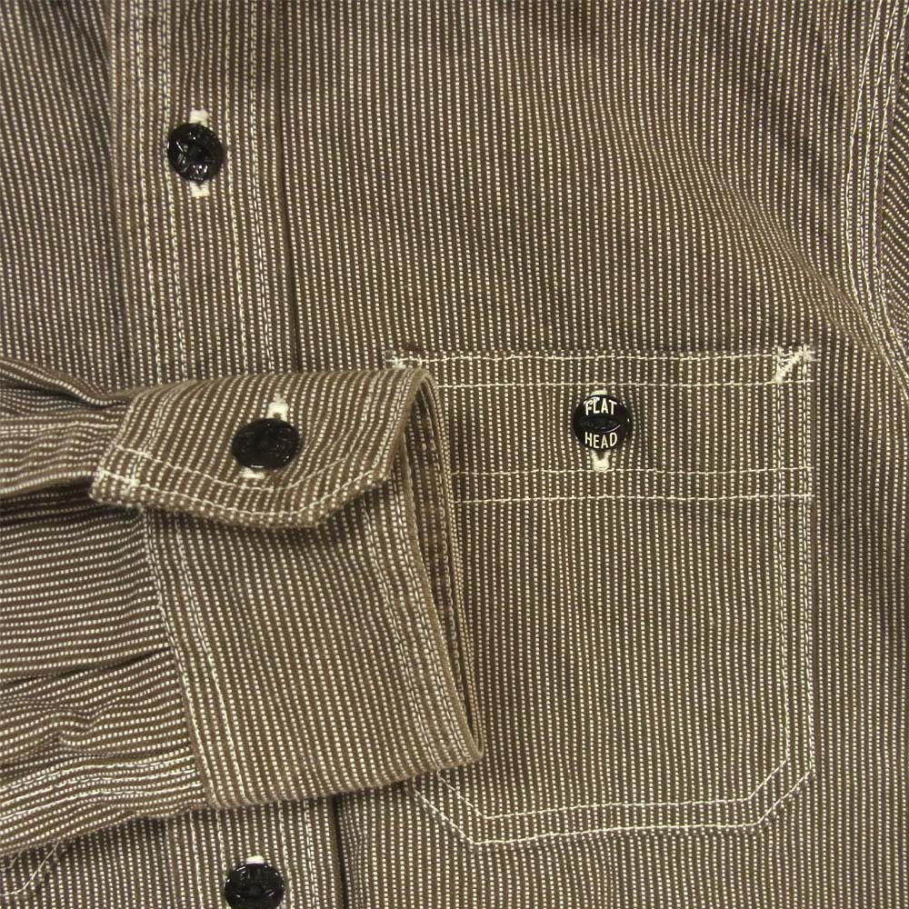 フラッドヘッド ピンヒッコリー 長袖 コットン シャツ 日本製 カーキ系 34【美品】【中古】