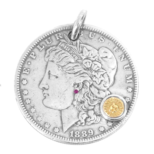 WINGROCK ウィングロック K18 金メタル ルビー モルガンコイン ペンダントトップ シルバー系【中古】