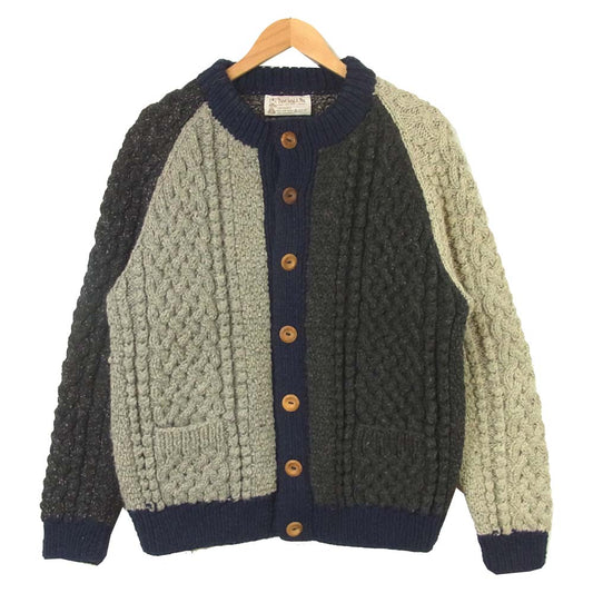 INVERALLAN インバーアラン 国内正規品 茶タグ 4A クレイジー クルーネック 襟無し ケーブル ニット カーディガン グレー系 ネイビー系 サイズ表記なし【美品】【中古】