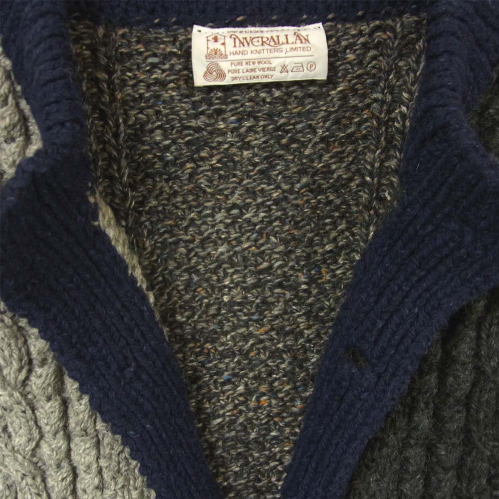 INVERALLAN インバーアラン 国内正規品 茶タグ 4A クレイジー クルーネック 襟無し ケーブル ニット カーディガン グレー系 ネイビー系 サイズ表記なし【美品】【中古】