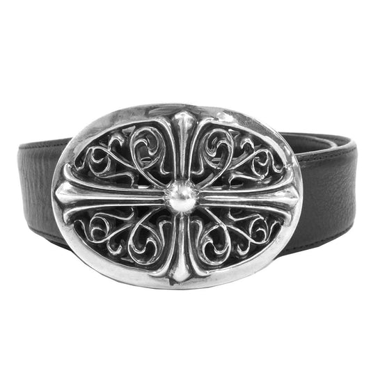 CHROME HEARTS クロムハーツ（原本無） OVAL CROSS STRAP クラシックオーバル バックル レザー ベルト ブラック系 シルバー系【中古】