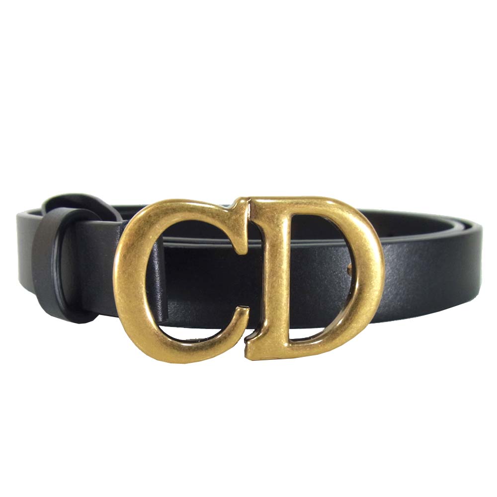 Christian Dior クリスチャンディオール Saddle Belt 80 ロゴ バックル レザー サドル ベルト ブラック系【美品】【中古】