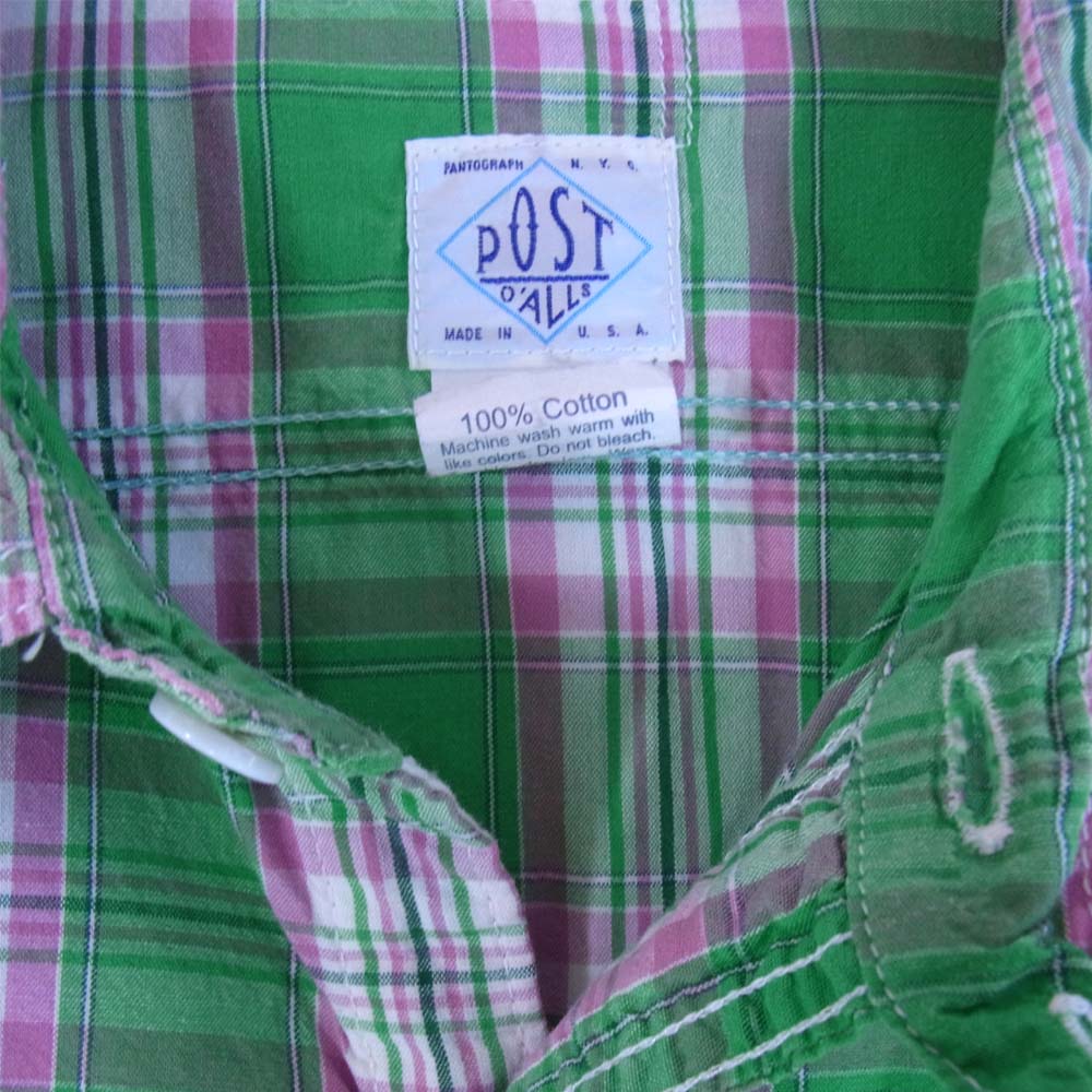 POST OVERALLS ポストオーバーオールズ ガーゼチェック  グリーン系 L【中古】