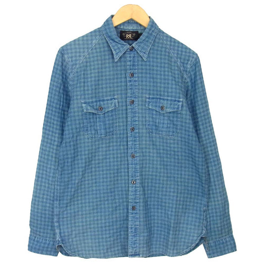 RRL ダブルアールエル 国内正規品 猫目ボタン チェック ユニチケ インディゴ 長袖シャツ ブルー系 M【中古】
