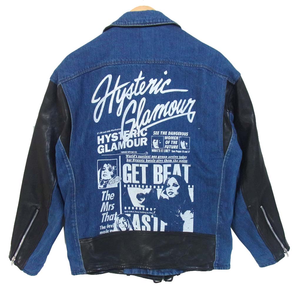 HYSTERIC GLAMOUR ヒステリックグラマー 01193LB01 FORWARD WITH BAD GIRL ラムレザー ダブル ライダース デニム ジャケット ブラック系 FREE【中古】