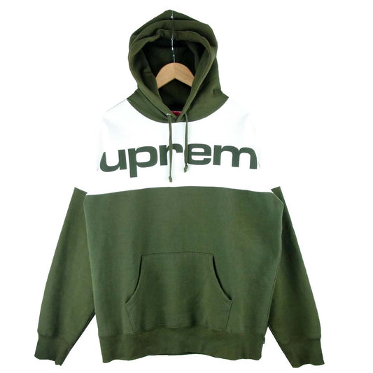 Supreme シュプリーム 17AW Blocked Hooded Sweatshirt ブロックド フーデッド パーカー カーキ×ホワイト系 L【中古】