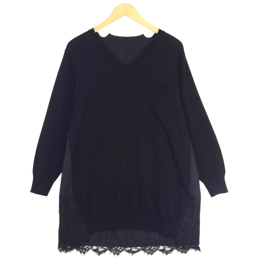 Sacai サカイ 13-0190 Vネック ウール レース ニット セーター ワンピース ブラック系【中古】