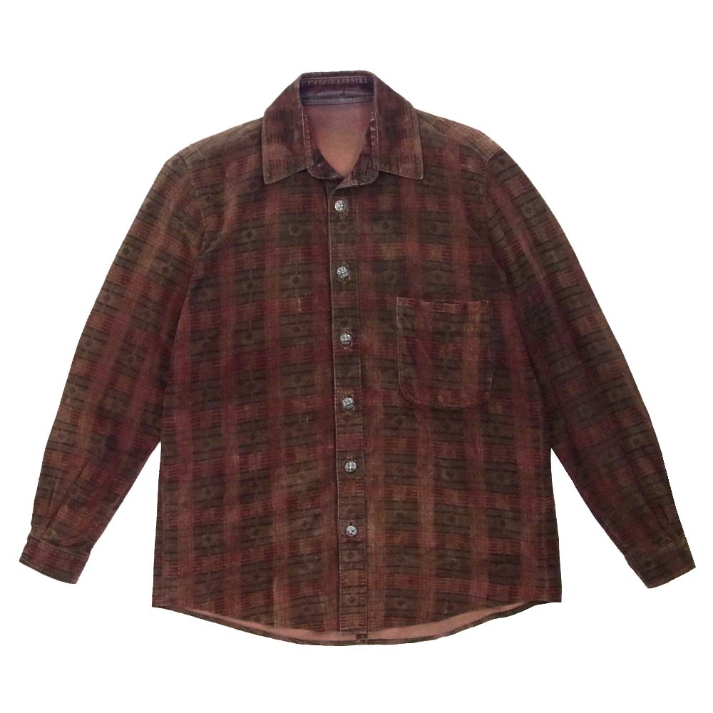 CHROME HEARTS クロムハーツ（原本無） CHクロスボール ボタン レザー チェック シャツ ダークブラウン系 M【中古】