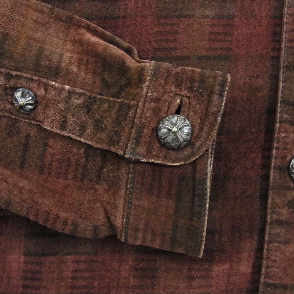 CHROME HEARTS クロムハーツ（原本無） CHクロスボール ボタン レザー チェック シャツ ダークブラウン系 M【中古】