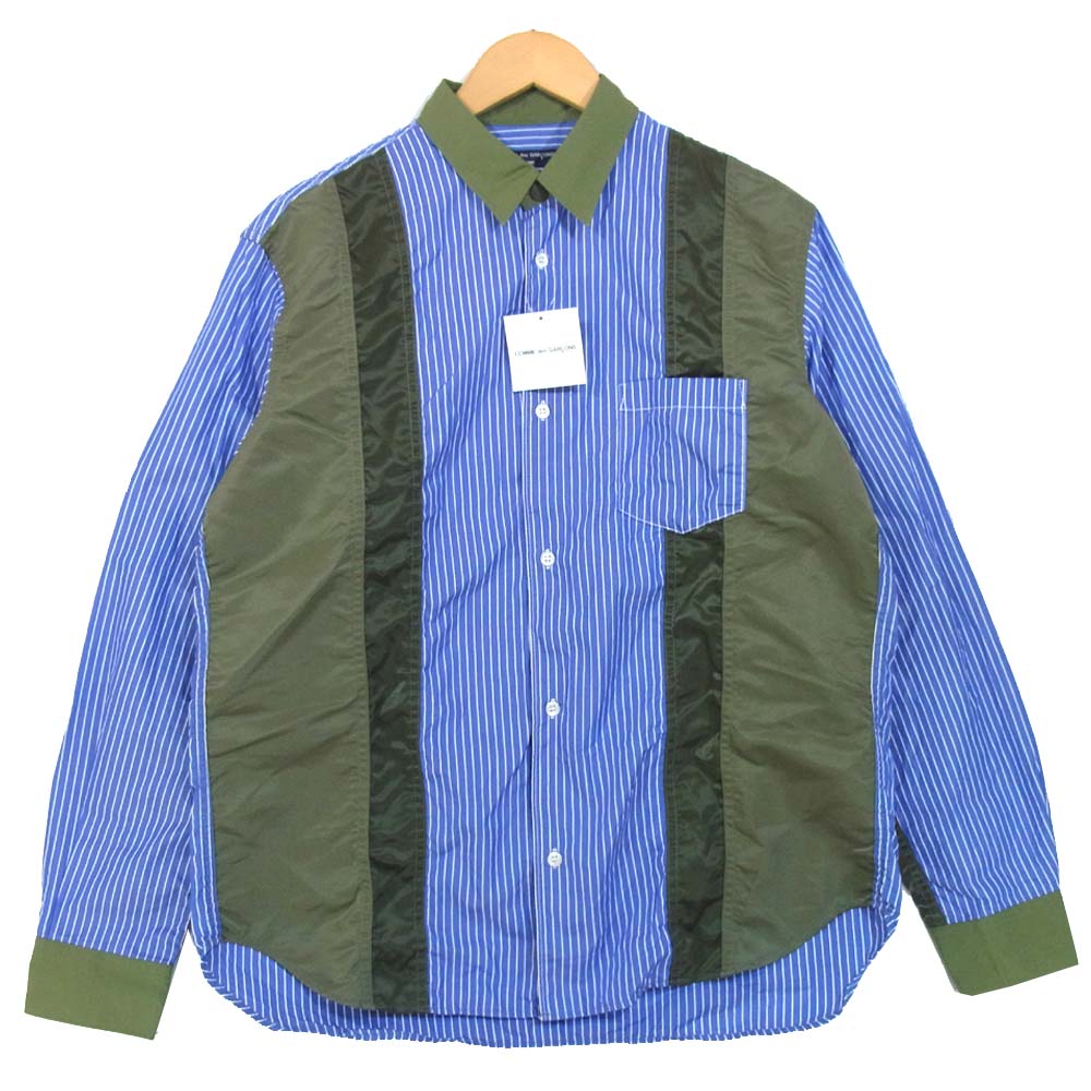 COMME des GARCONS コムデギャルソン HF-B005-051-1-4 未使用品 綿ストライプ 他素材MIX 切替 シャツ ブルー×カーキ系 L【極上美品】【中古】