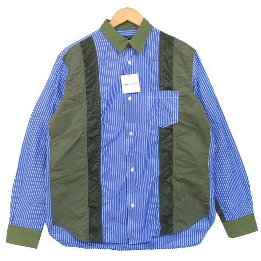 COMME des GARCONS コムデギャルソン HF-B005-051-1-4 未使用品 綿ストライプ 他素材MIX 切替 シャツ ブルー×カーキ系 L【極上美品】【中古】