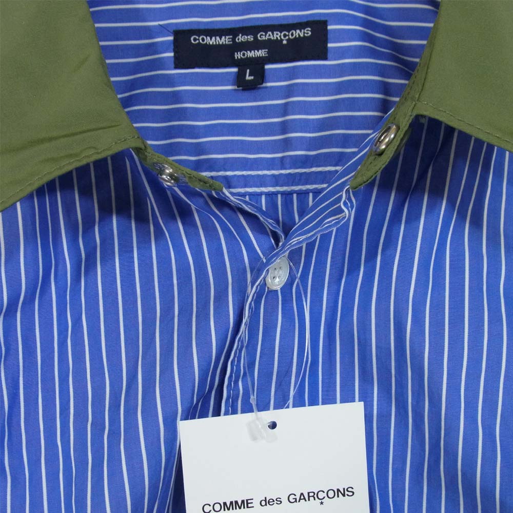 COMME des GARCONS コムデギャルソン HF-B005-051-1-4 未使用品 綿ストライプ 他素材MIX 切替 シャツ ブルー×カーキ系 L【極上美品】【中古】