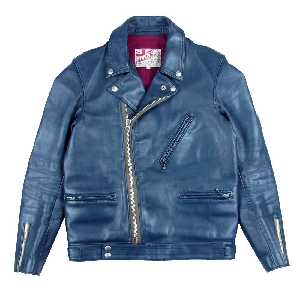 ADDICT CLOTHES アディクトクローズ AD-03 ホースハイド ダブル レザー ライダース ジャケット ネイビー系 36【中古】