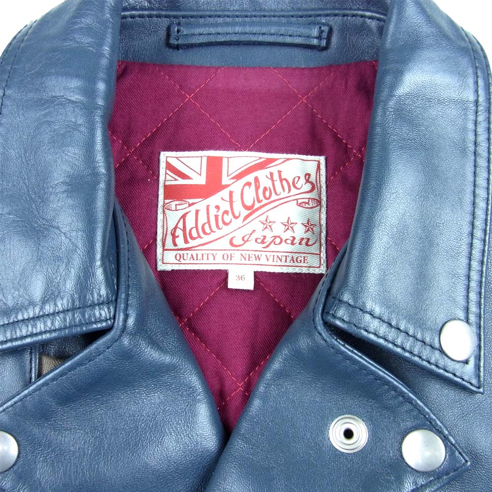 ADDICT CLOTHES アディクトクローズ AD-03 ホースハイド ダブル レザー ライダース ジャケット ネイビー系 36【中古】